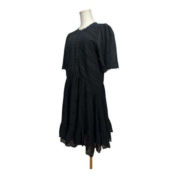 $158 NWT Madewell Eyelet Flutter Sleeve Mini Dress Size 10 Cotton Black NU556 - Picture 1 of 7